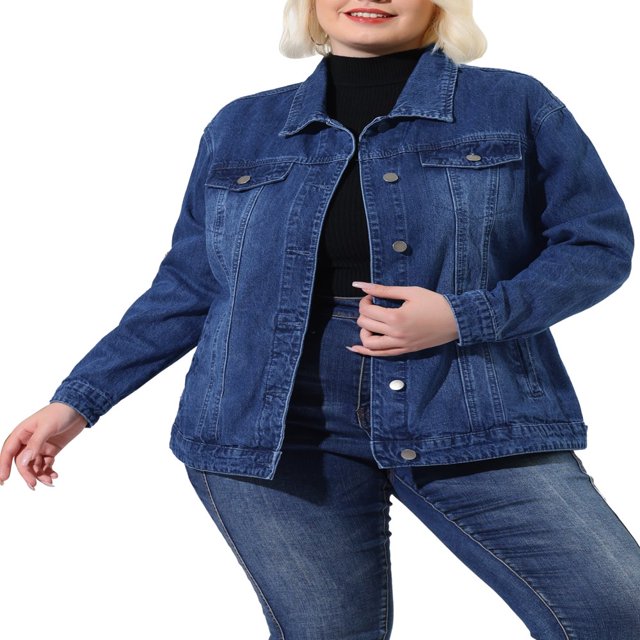 Unique Bargains Women‘s Plus Size Long Sleeve Button Front Washed Denim Jacket