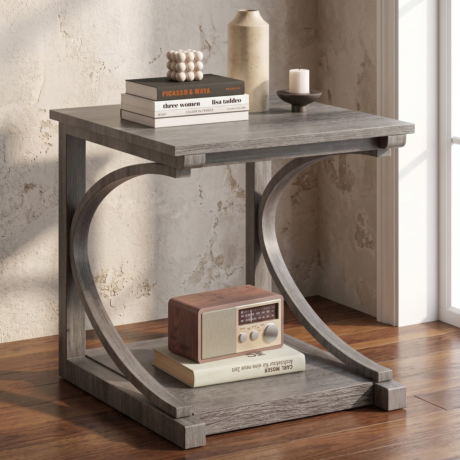 Furnibear C-Shaped End Table, 24 Inch 2-Tier Square Sofa Side Table with Storage Shelf, Rubber Wood Snack Couch Table for Living Room Bedroom, Grey