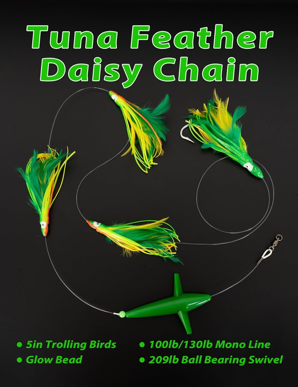 BLUEWING Tuna Feather Daisy Chain Squid Chain Fishing Teaser Lure with 4in Feathered Trolling Squids and Stainless Steel Trolling Hook Big Game Trolling Lure for Tuna Mahi Wahoo Marlin, Yellow/Green
