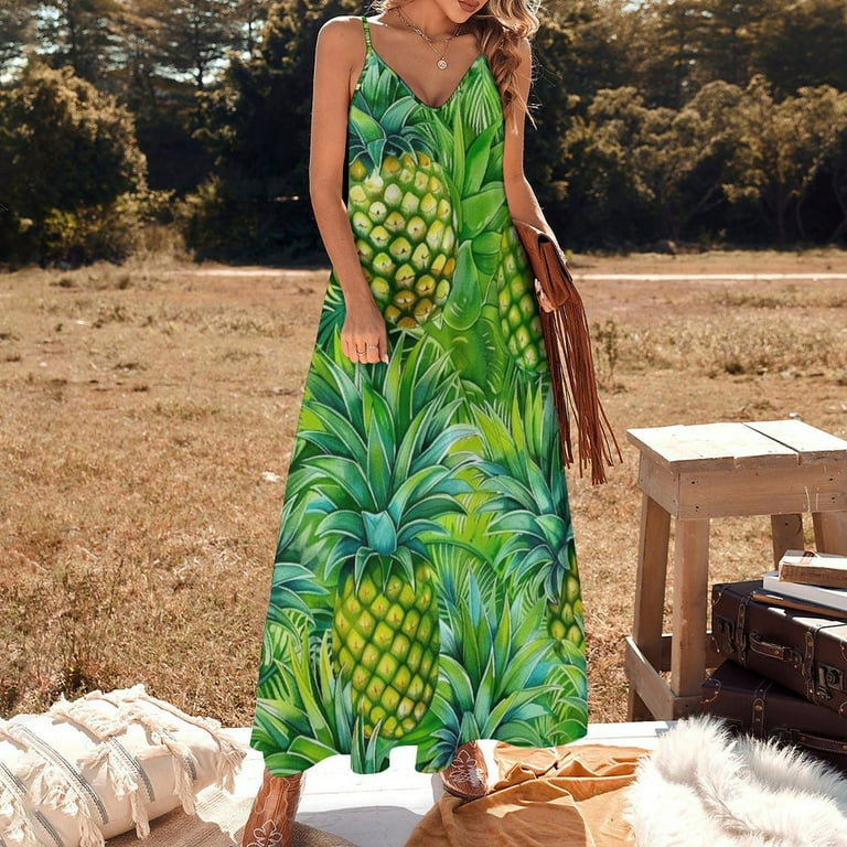 ZHANGSX Pineapple Green 22 Women s Casual Halter Maxi Dress Backless Sundress Loose Flowy for Summer Beach Travel Walmart