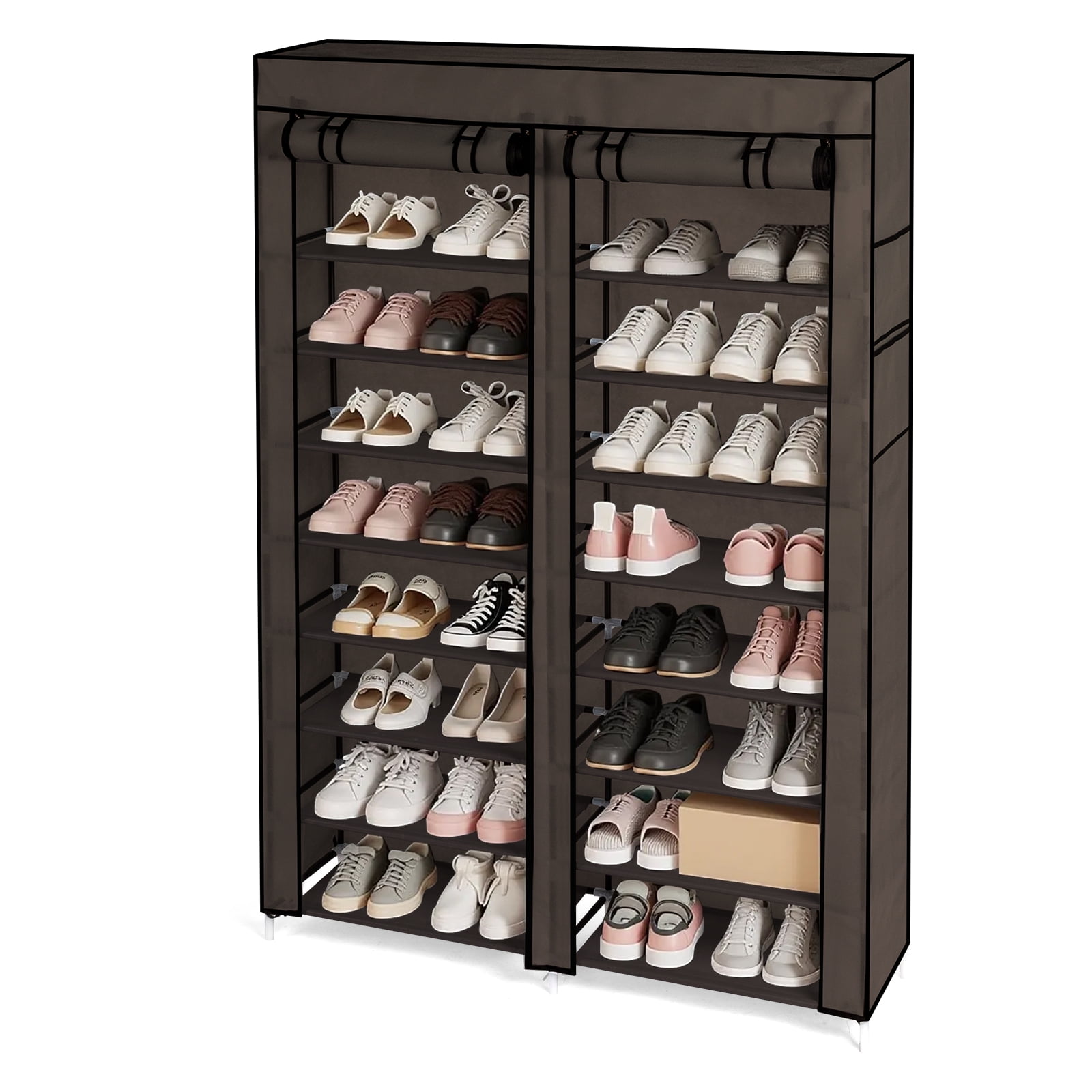 Ktaxon Shoe Rack Storage Organizer, 10 Tiers Double Row Portable Nonwoven Fabric Cover Shoe Rack Holds up to 40 Pairs, Coffee
