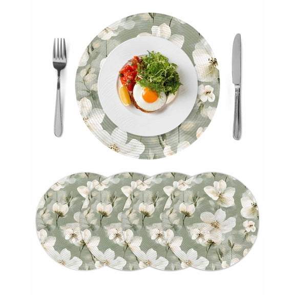 Sage Green Spring Floral Round Placemats Set of 4 for Dinning Tables,Heat-proof Braided Table Mats 13 Inch,Summer Botanical Flower Washable Place Mat for Kitchen Restaurant Party Decor Table Setting