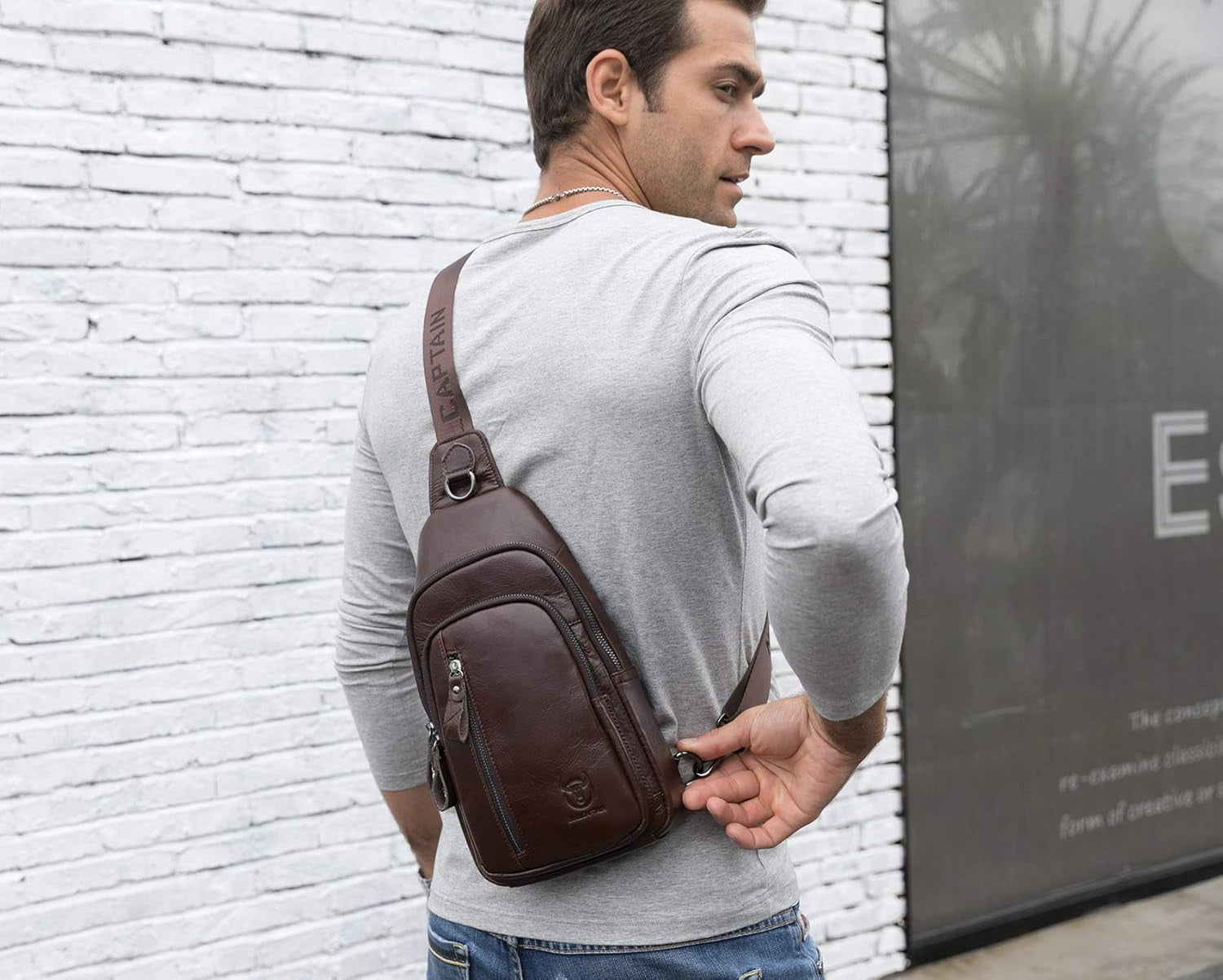 BULLCAPTAIN Genuine Leather Sling Bag Coffee Crossbody Backpack Daypack for Men