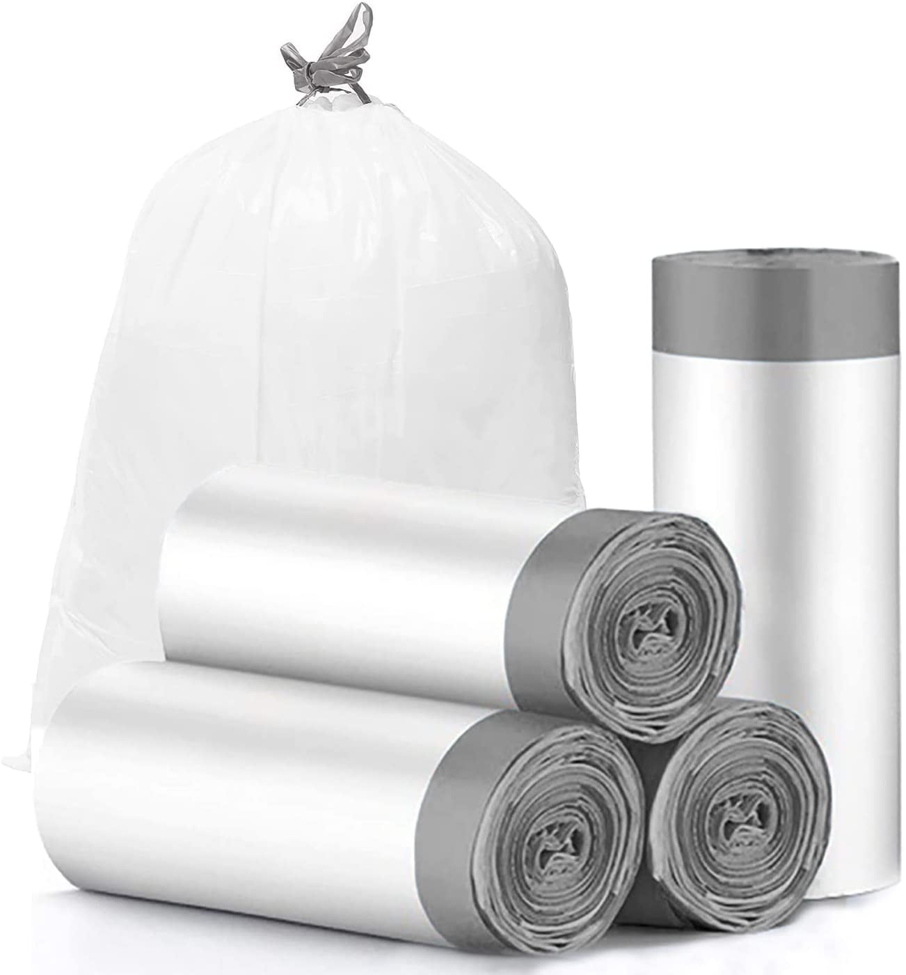 Charmount Drawstring 4 Gallon Trash Bags, Small Trash Bags,  60 Count (15 Liter)(Grey drawstring）, Unscented Trash Can Liner