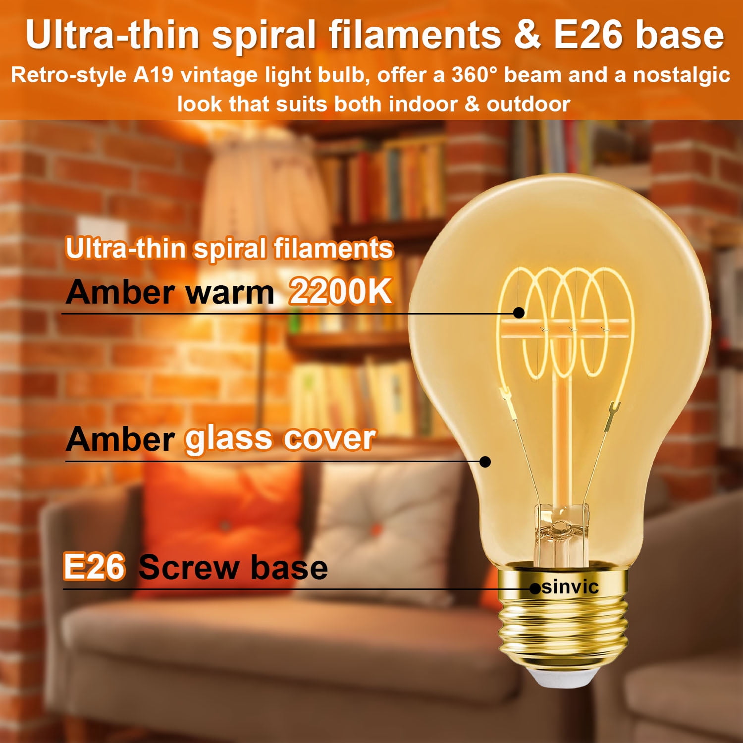 Sinvic A19 Vintage LED Bulb (6 Pack) 4W (Equiv.40W) Dimmable No Flicker 320LM 2200K Amber E26 Base Ultra-Thin Spiral Filament
