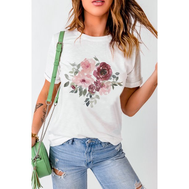 ABPHQTO Camiseta estampada con estampado de hojas de rosas blancas y cuello redondo para mujer