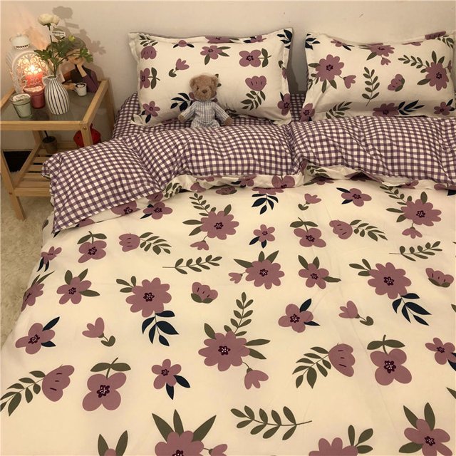Korean Ins Black Flower Bedding Set Girl Orange Princess Style Sheet Cover Trellis Polyester Soft Bedclothes For Gitls Gift