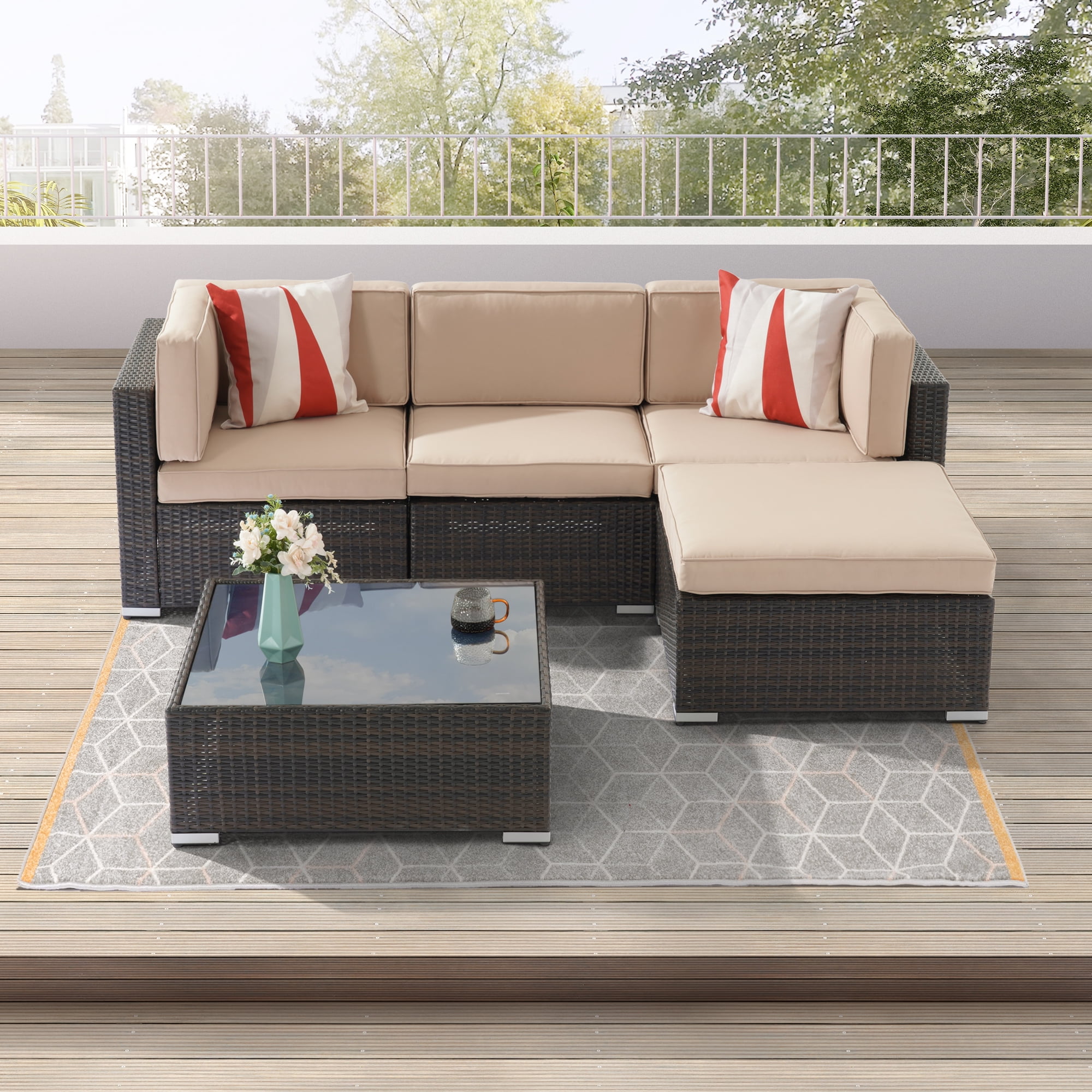 TOPMAX 5 Pieces All-Weather Brown PE Rattan Wicker Sofa Set Outdoor Patio Sectional Furniture Set Half-Moon Sofa Set with Tempered Glass Table, Beige