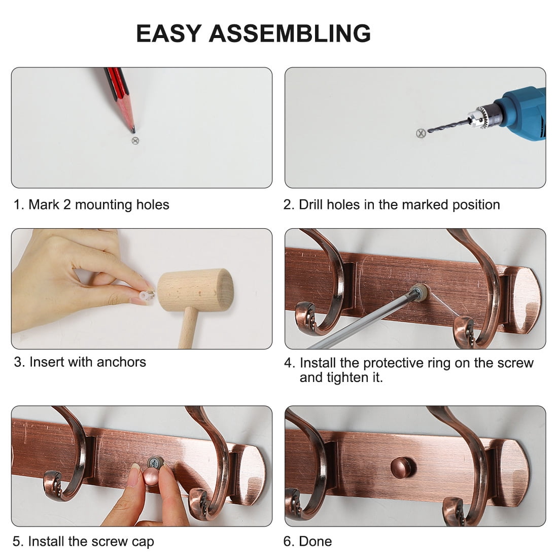 Unique Bargains Plating Dual Zinc Alloy Wall Hook Rack Copper Tone 4 Hooks