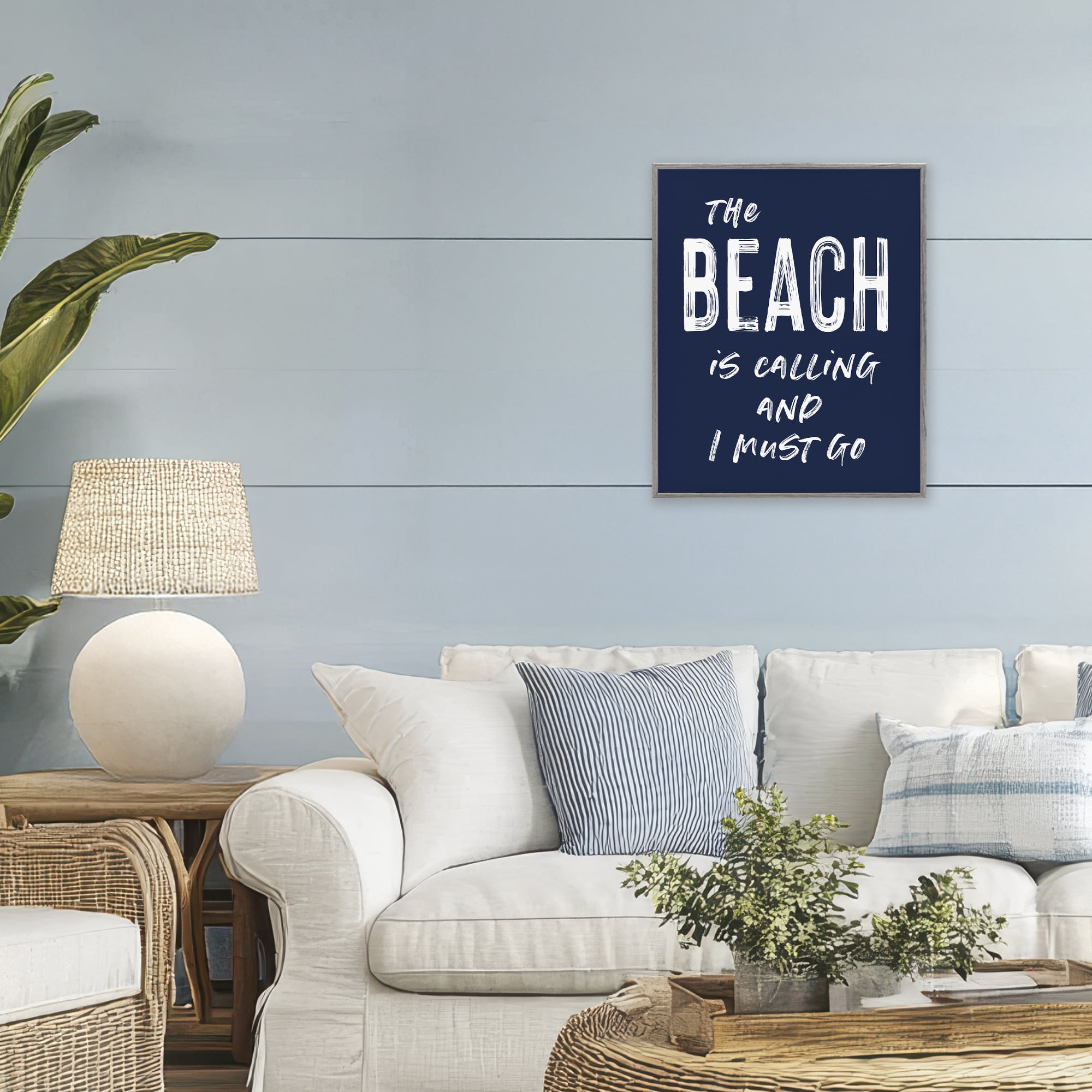 Beach Is Calling Summer Sentiment Gray Framed Giclee Art, design by Lettered and Lined