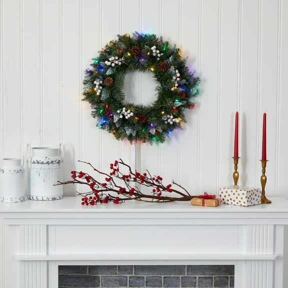 Nearly Natural 24" Prelit LED Snow Tipped Artificial Christmas Wreath with White Berries and Pine Cones