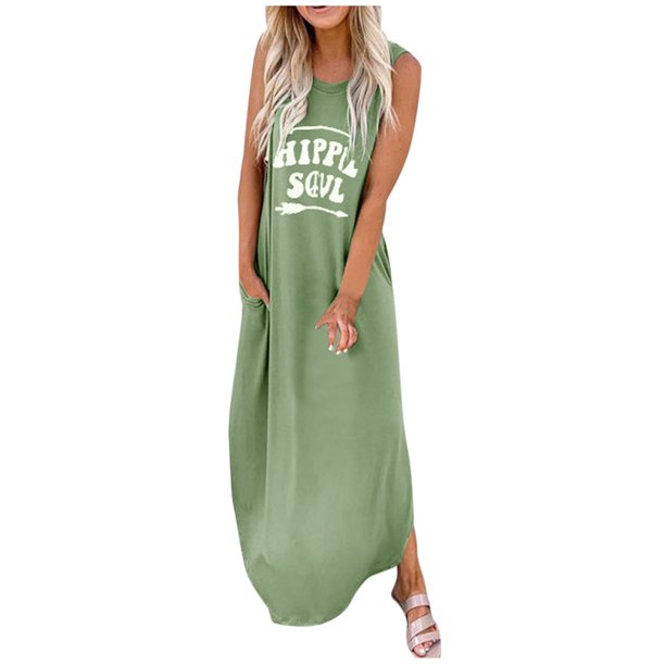 Lyinloo Lyinloo Fashion Women O Neck Sleeveless Letter Printed Casual Daliy Boho Long Maxi Dress Mint Green S Walmart Com Walmart Com