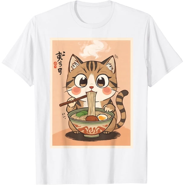 Kawaii Cat Eating Ramen Anime Merch Anime Gifts Camiseta
