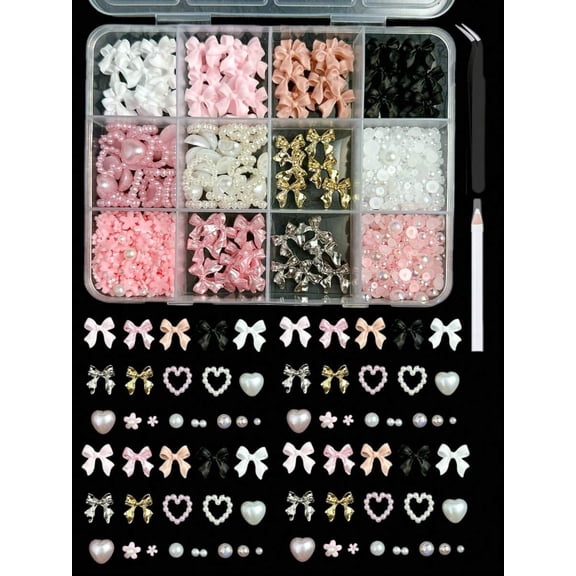 1 Box Random Mixed ABS Pearl Heart Bow Nail Art Decorations, 3D Alloy Butterfly Cherry Rhinestone Mini Irregular Flat Nail Studs, Y2K Nail Art Accessories, DIY