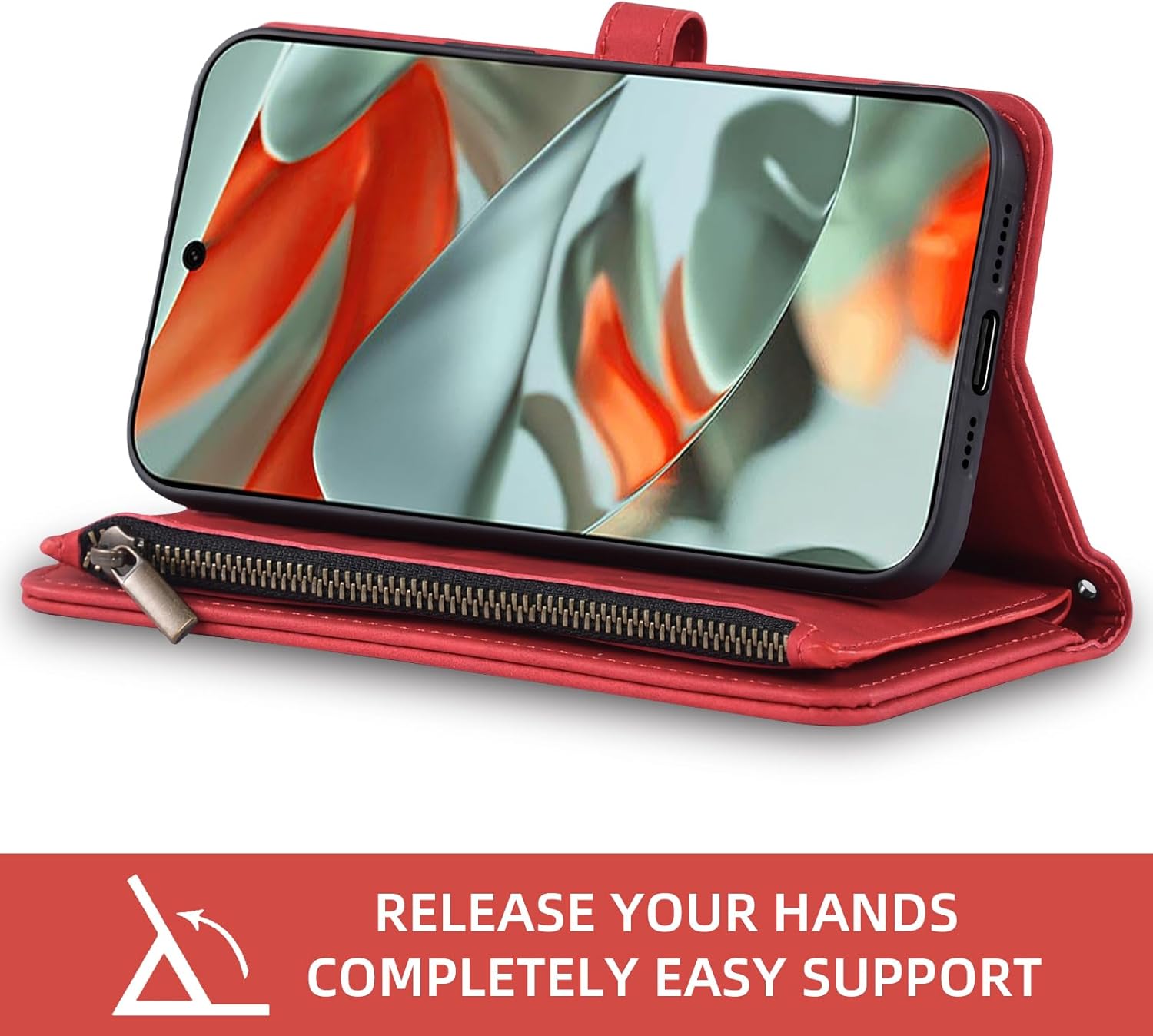 Asuwish Phone Case for Google Pixel 9 Pro XL Wallet Cover With Tempered Glass Screen Protector Crossbody Wrist Strap Flip Pattern Zipper Credit Card Holder Cell Pixel9 9Pro 9ProXL Nine Women Men Red