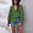 thumbnail image 2 of Cuello linterna manga blusa Top mujeres color puro V Masajeadores de cuello botón camisa para el desgaste diario verde S, 2 of 6