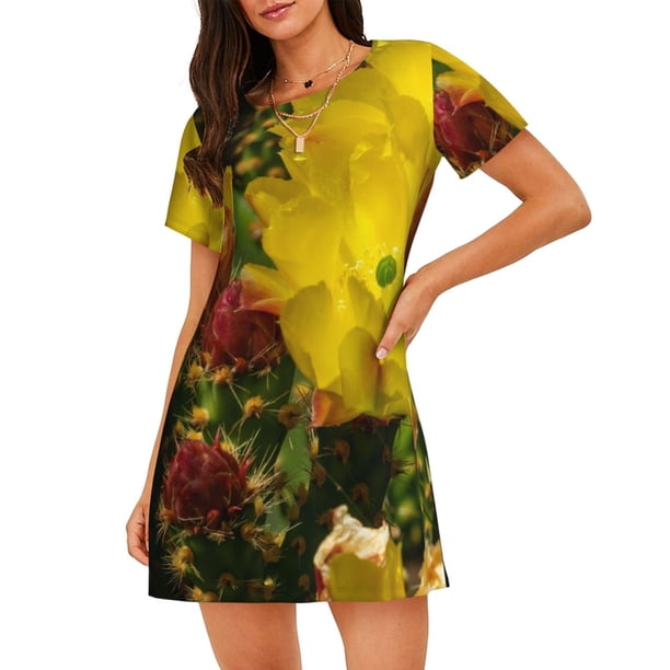 Fotbe Cactus Flowers Bata de Dormir para Mujer con Estampado, Camisón de Algodón de Manga Corta, Ropa de Dormir Casual