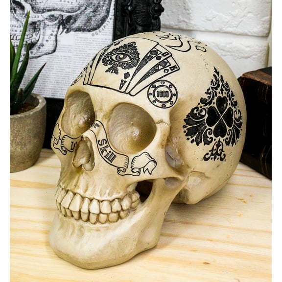 Ebros Gothic Gambling Casino Royale Poker Cards Royal Flush Skull Figurine
