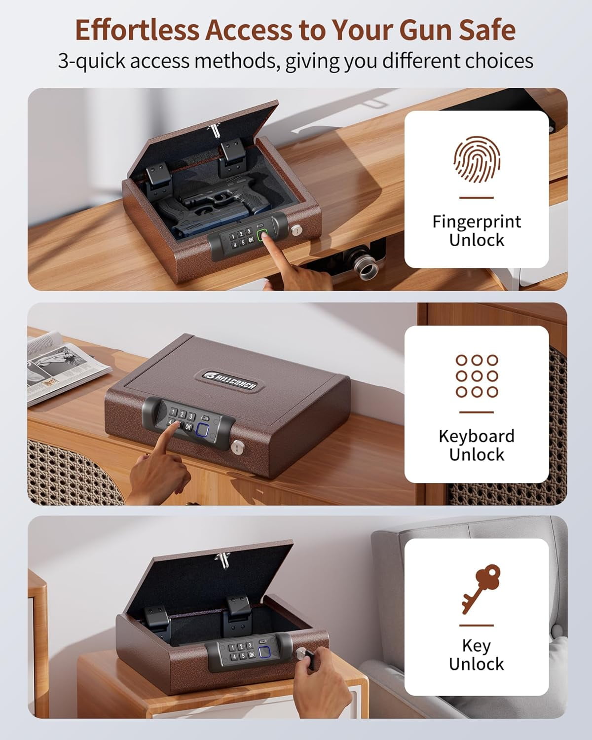 Gun Safe,Biometric Gun Safe for Pistols 3-Ways unlock Fingerprint Digital PIN Key Unlock with Voice, Lock box for Cloakroom living room Bedroom Nightstand and Car Antique Bronze