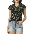 thumbnail image 1 of INSPIRE CHIC Juniors V Neck Short Sleeves Ruffled Trim Ditsy Floral Chiffon Blouse, 1 of 6