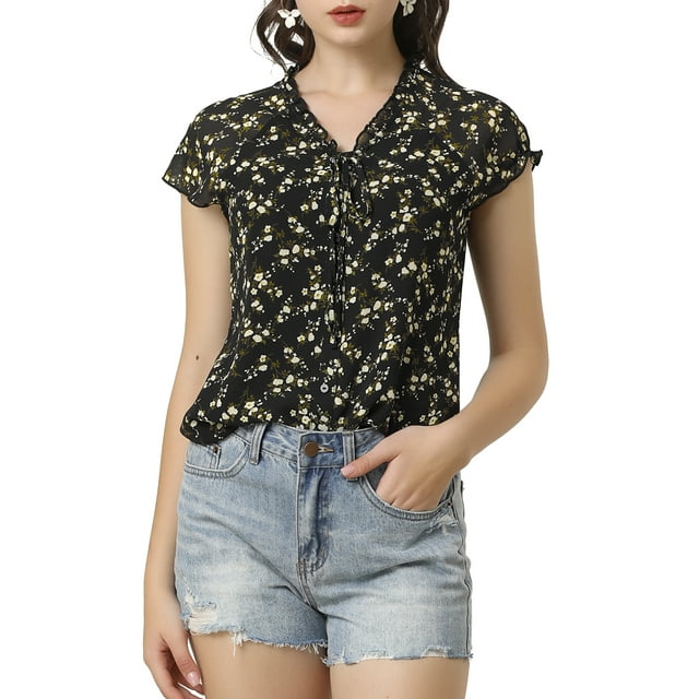 INSPIRE CHIC Blouse Fleurie pour Femme à Manches Courtes Cap, en Chiffon, Décontractée, à Volants, TP Noir Blanc