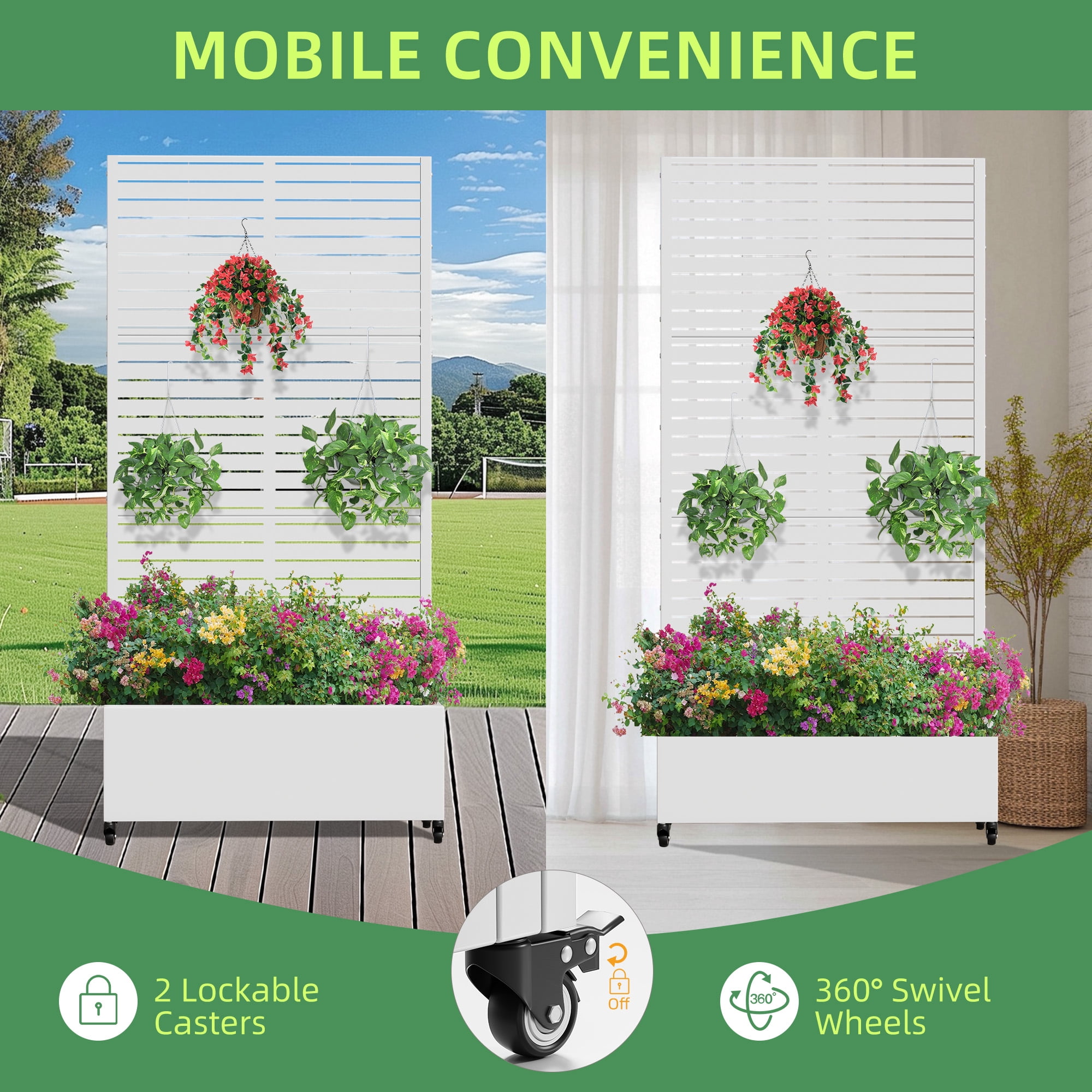 MAYEERTY 35*16*71"Outdoor White Metal Planter with Rect Louvered Climbing Trellis, Drainage hole & Wheels