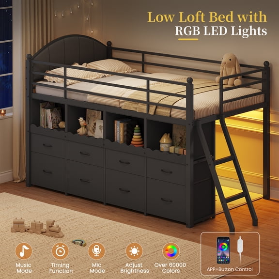 Low Loft Bed Twin Size with 8 Storage Drawers, Bookcase and LED Lights, Metal Loft Twin Bed Frame with Upholstered Headboard, Under-Bed Play Space and 13.8''H Safety Guardrail, Black