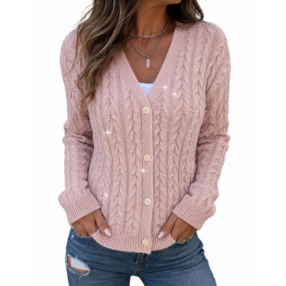 CHICME Cardigan Sweaters for Women Sparkle Rhinestone Cable Knit V-Neck Long Sleeve Button Down Lightweight Fall Sweater Pink-L
