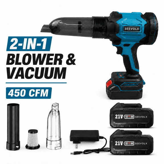 SEEVOLX 2-in-1 Cordless Leaf Blower & Vacuum with 2x21V Batteries and Charger, Lightweight Electric Handheld Blower Vacuum for Yard, Car& Home, Blue
