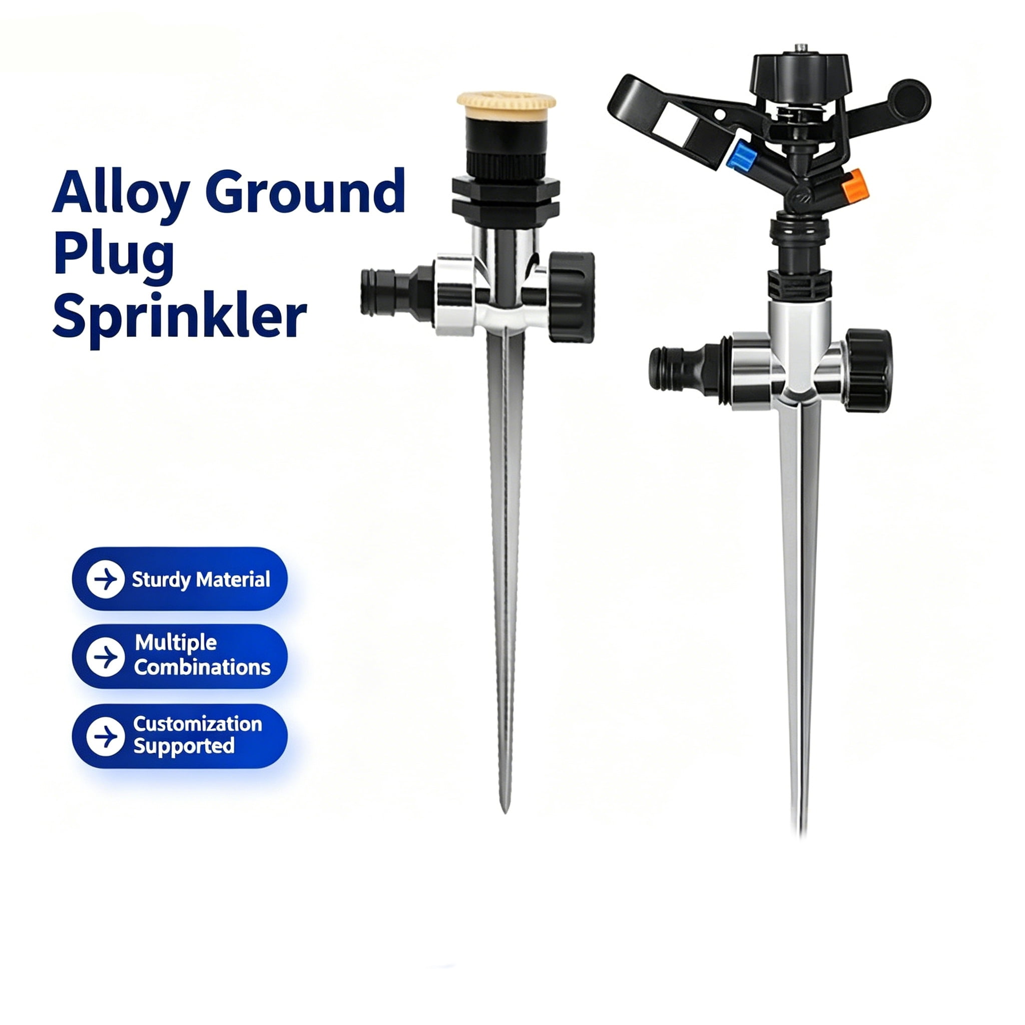 Heavy Duty Impact Sprinkler on Spike, 360 Degree Rotating Lawn Sprinkler for Garden Irrigation-Alloy ground plug+adjustable alloy