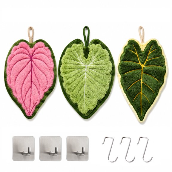 VIORBVA 3 Pack Leaf Hand Towels with Loop, Soft Absorbent Coral Fleece Towels for Bath Decor, Quick Dry Lint-Free Kitchen Towel Set