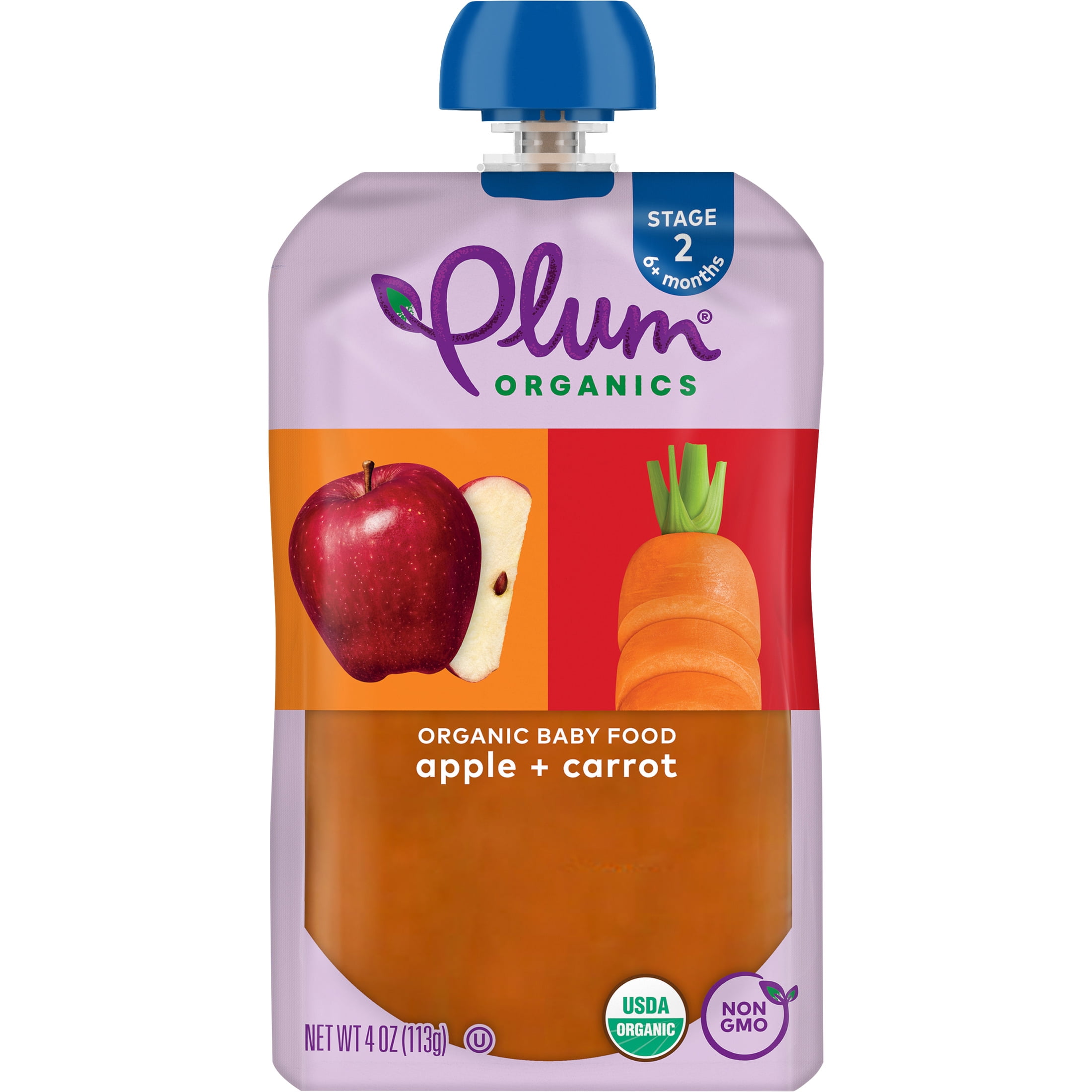 (12 pack) Plum Organics Stage 2 Organic Baby Food Apple + Carrot 4oz Pouch