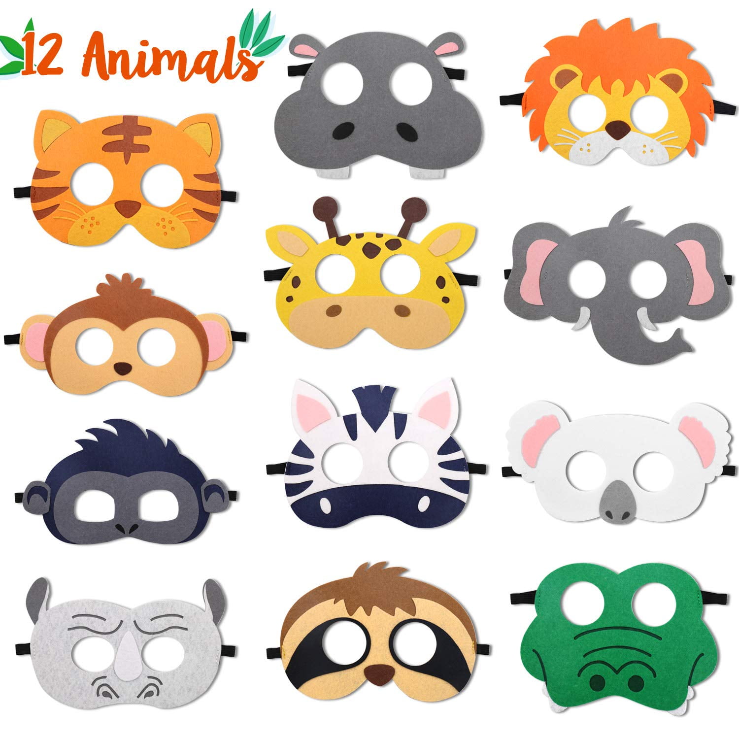 12 Pcs Animal Felt Masks Jungle Safari Theme Party Favors Kids Costumes Dress-Up Party Supplies