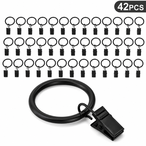 42 Pcs Black Curtain Rings with Clips Metal Curtain Hook Drapery Rustproof Vintage Compatible with 1 inch Interior Diameter