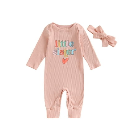 

Woshilaocai Baby Girl Long Sleeve Heart Letter Print Jumpsuit with Headband