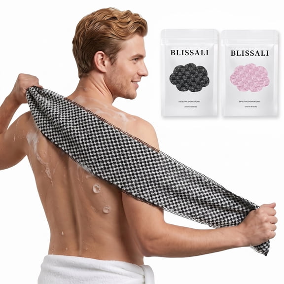 2-Pack Exfoliating Shower Towel 43" Premium Scrub Wash Cloth for Body and Face, Men and Women, Black, Pink