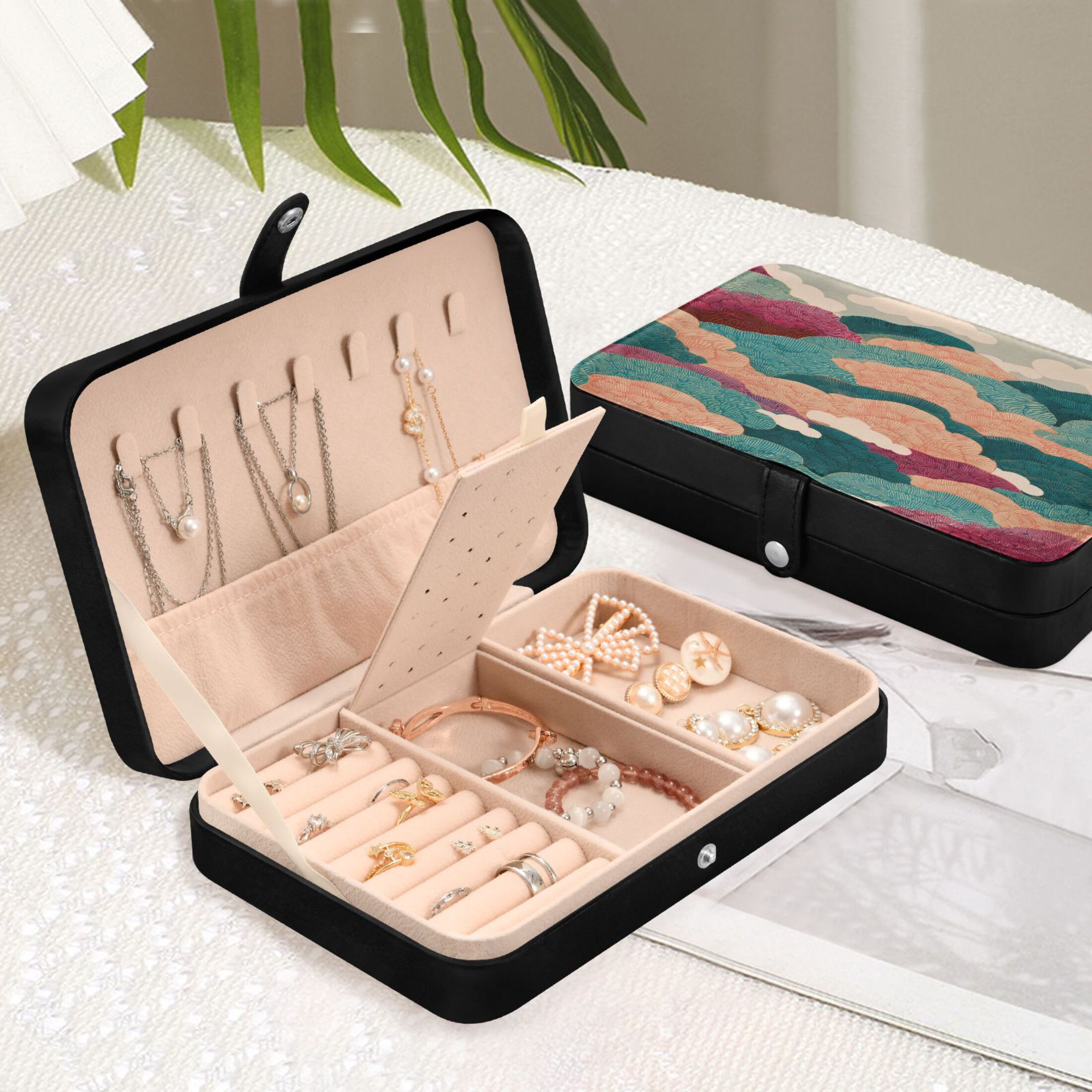 Leather Jewelry Box Rectangular 8.27x5.5x1.78In Travel Jewelry Storage Earrings Necklace Bracelet Watch Brooch Storage Colorful and Beautiful Clouds