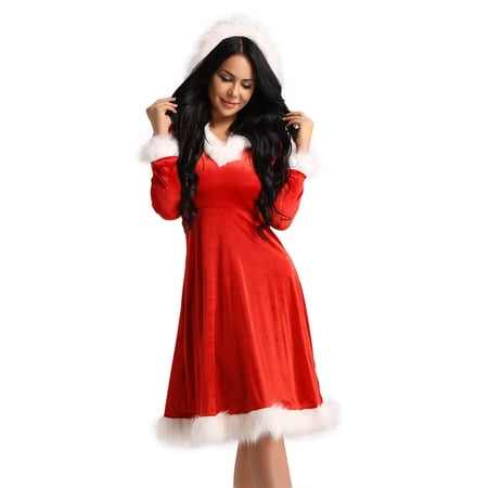 renvena Women Hooded Christmas Dress Mrs. Santa Claus Cosplay Costume Velvet Long Sleeve Holiday Dress Outfit