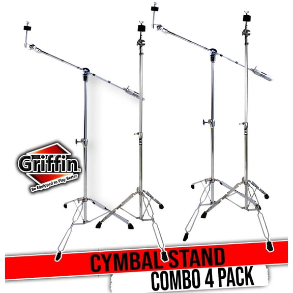 Cymbal Boom & Straight Stand Combo Set (4x Stands) by GRIFFIN | Percussion Drum Hardware Kit with Arm Counterweight Adapter & Double-Braced Legs for Mounting Crash, Ride & Splash Cymbals