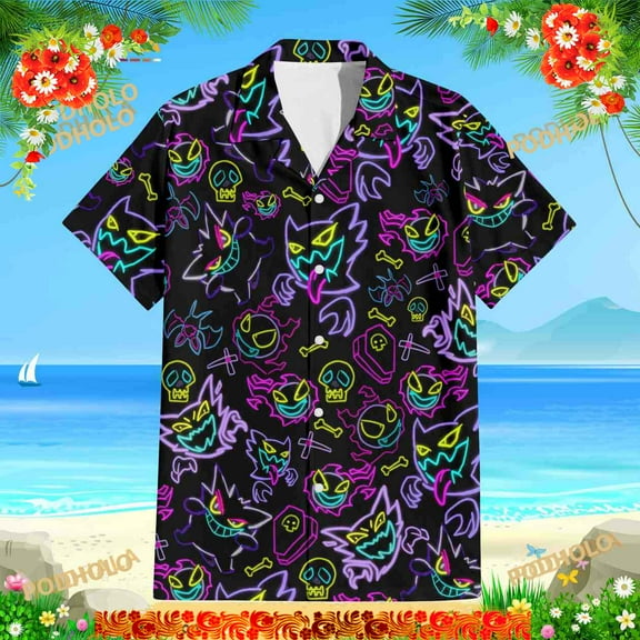 Gengar Ghost Halloween Hawaiian Shirt, Anime Halloween Button Up Shirt