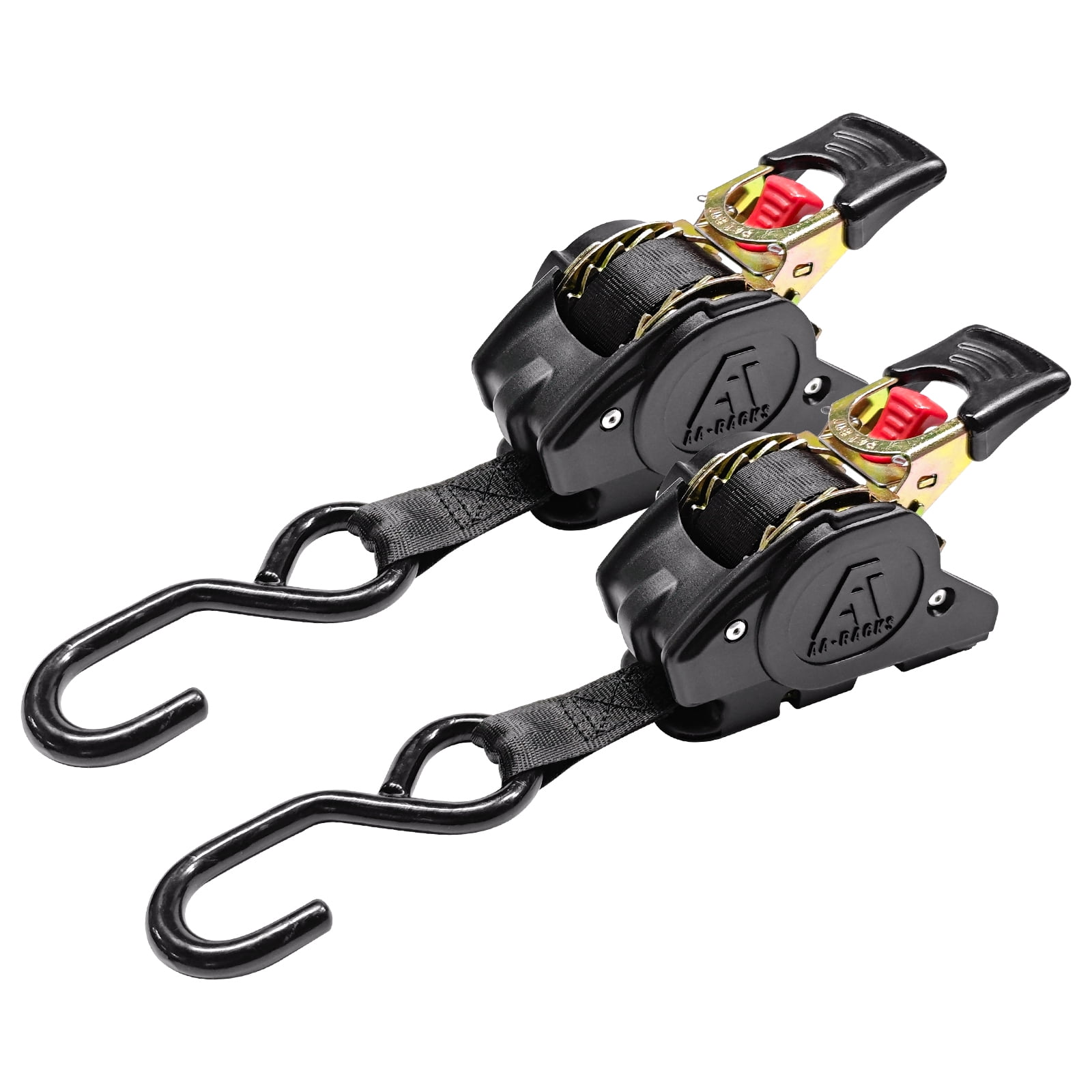 AA-Racks Retractable Ratchet Straps (2 Pack) - 1 Inch x 9 Ft 1200lbs Break Strength, Tie Down Straps for Securing Cargo, Truck Rack Ratchet Strap Kit with S-Hooks 400lb Capacity