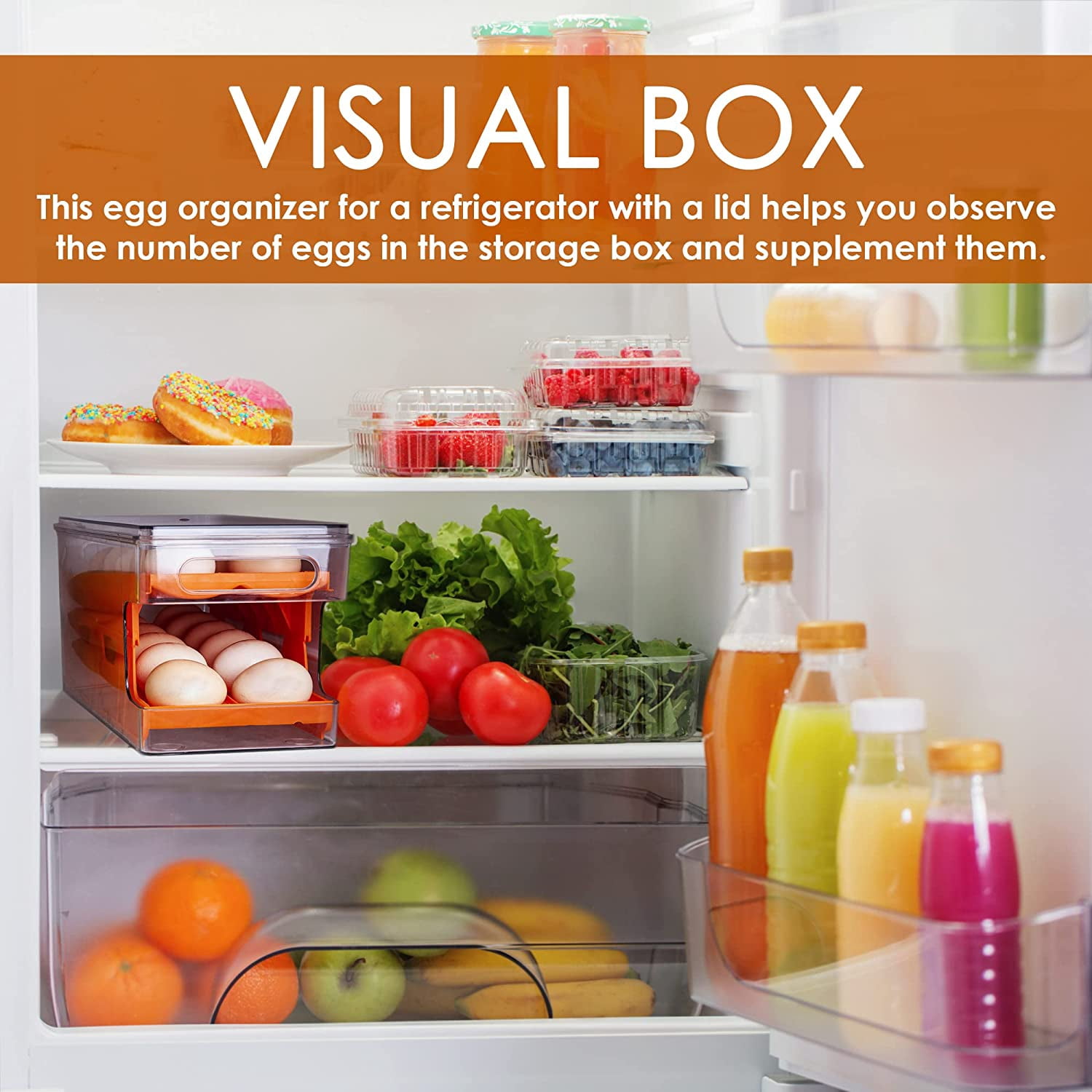 Container For Eggs, Stackable Fridge Egg Organizer With Lid, Storage Container Tray, Holder for Refrigerator, Large Capacity Double track Automatic Rolling (ORANGE)