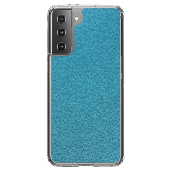 DistinctInk Clear Shockproof Hybrid Case for Galaxy S21 5G (6.2" Screen) - TPU Bumper, Acrylic Back, Tempered Glass Screen Protector - Teal Faux Leather Print Design - Printed Faux Leather