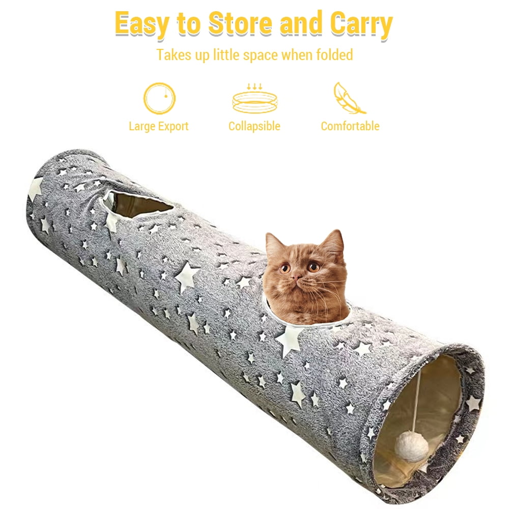Leyfeng Tunnel, Collapsible Cat Tunnel Fun Interactive Toy for Cats and Rabbits Large Oxford Cloth Tunnel with Peek Holes and Fluffy Ball Glow-In-The-Dark 25*120cm Rabbit Tunnels for Indoor Bunnies