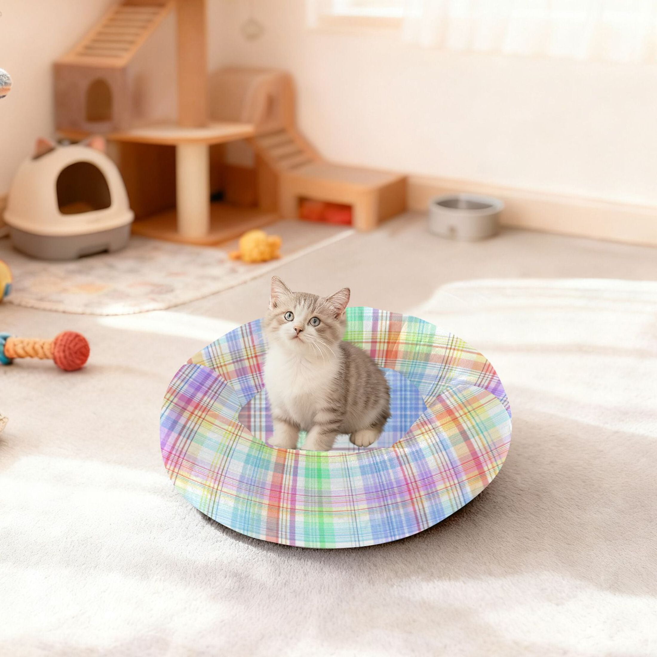 Iauyy Pet Couch Donut Cat Bed for Indoor Cats/Small Dogs Washable & Machine with Non-slip Bottom Calming Cat Furniture, Rainbow-colored Checkered (M)