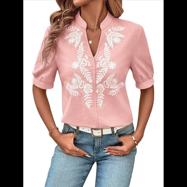 Camisas de Bordadas para Mujer, Blusa Informal de Corta con Cuello en V Rosa XXL