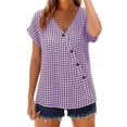thumbnail image 2 of Favoffer Women's Plaid Pullovers V Neck Short Sleeve Button Placket Grid Weave Loose Silhouette Daily Shirts Picnic Gathering Weekend Rest, 2 of 8