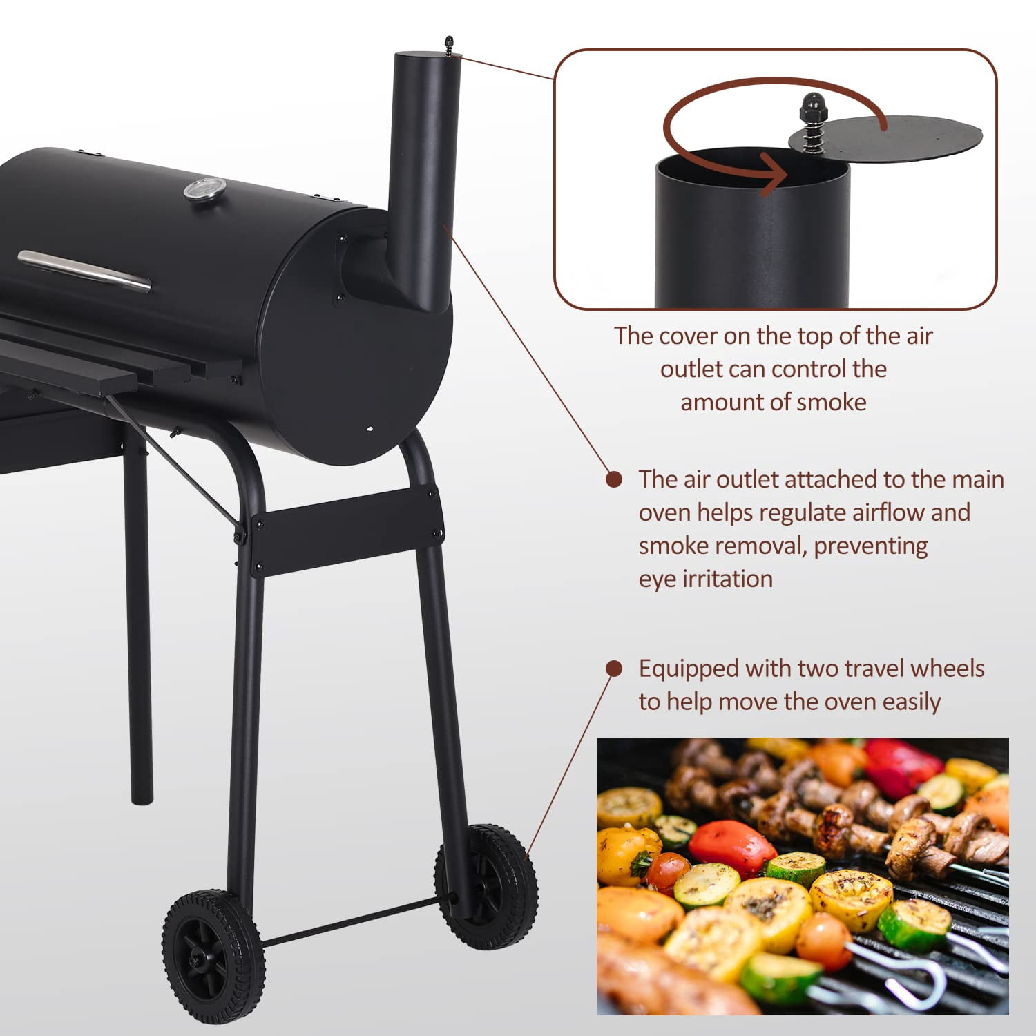 Dkelincs 43'' Charcoal Grill with Wheels and Side Fire Box -BBQ Grill Perfect for Camping, Outdoor Party and Picnics Portable Barbecue Grill for 6-10 People