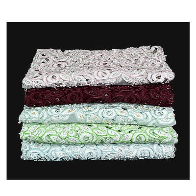 Lily White Blue Green Pink Burgundy Beaded Corded Embroidery Scalloped Fabric