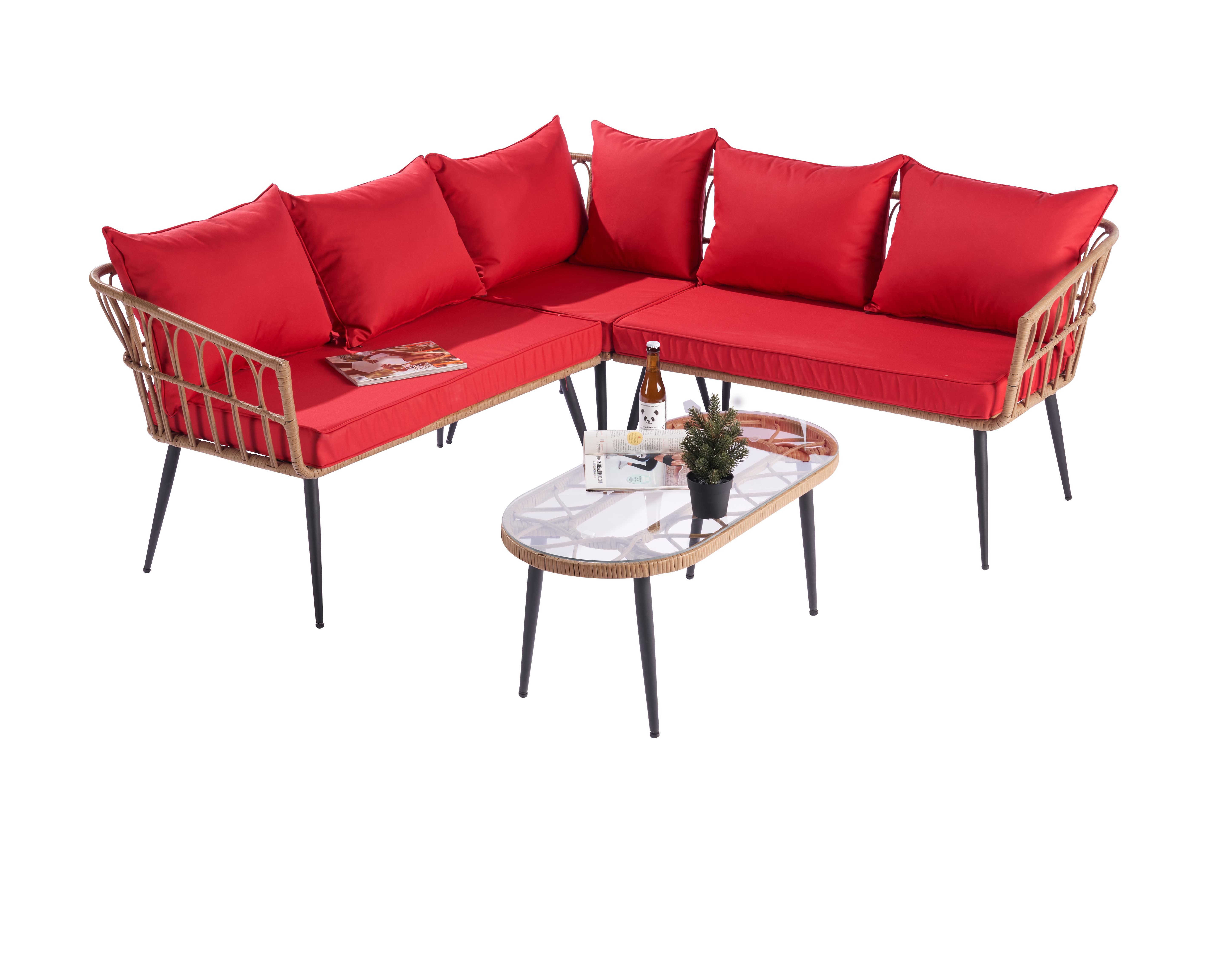 Wicker Patio Furniture Sets on for Backyard, 2023 Upgrade New 4-Piece Wicker Conversation Set w/L-Seats Sofa, R-Seats Sofa, Tempered Glass Table, Padded Cushions, Red, S8326 - image 2 of 7